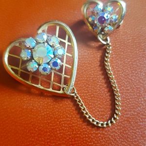 Vintage Gold Heart Chatelaine Collar Clip Rhinestone Brooch